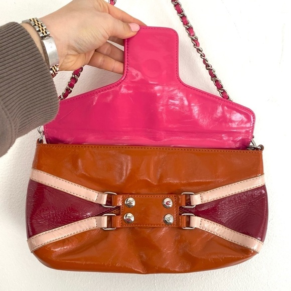 Eenamaria Y2K Orange & Pink Patent Leather Shoulder Bag/ Clutch Chain - Picture 3 of 8